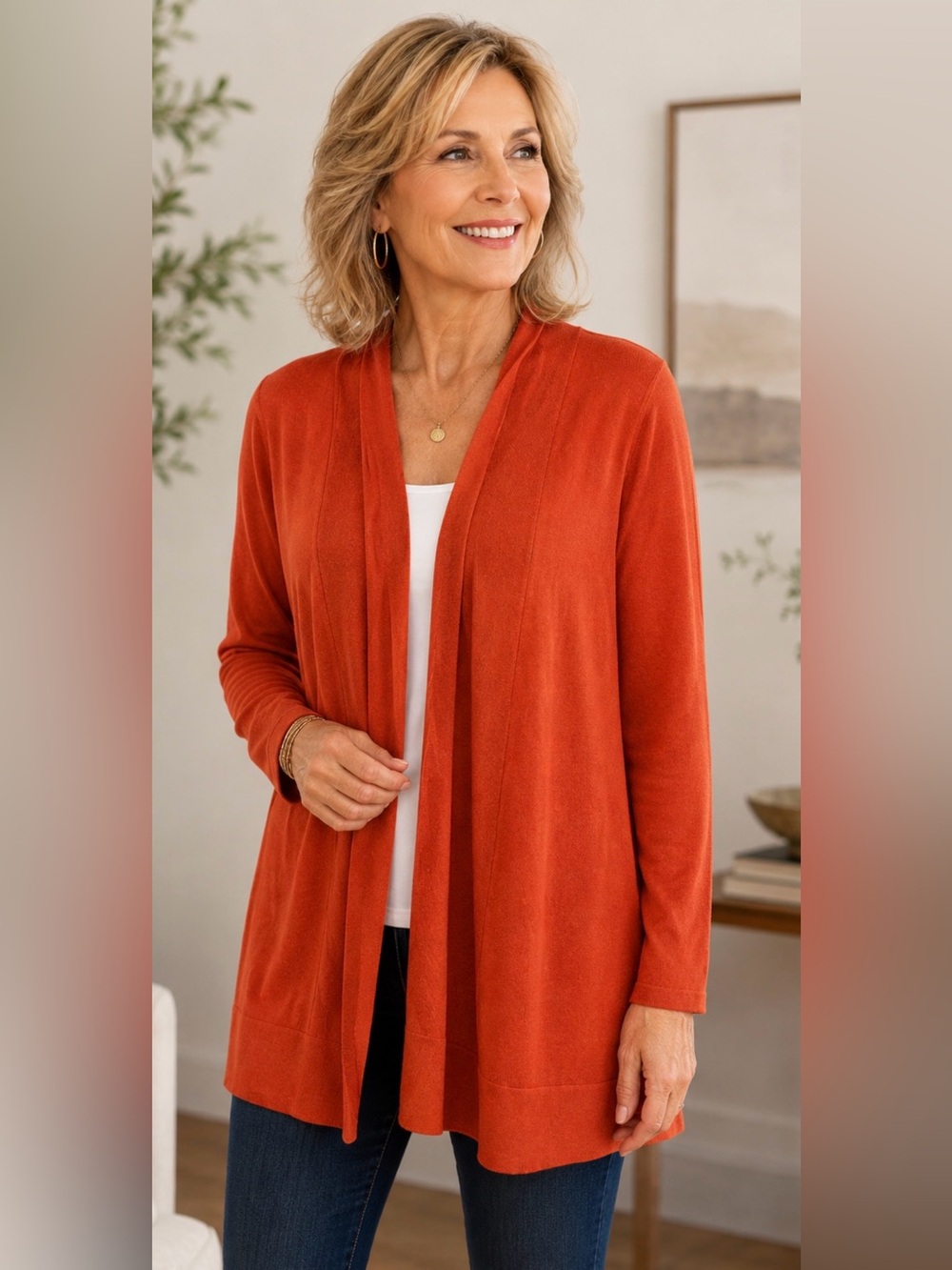 Susan Graver Open-Front Long Cardigan in Rust Orange